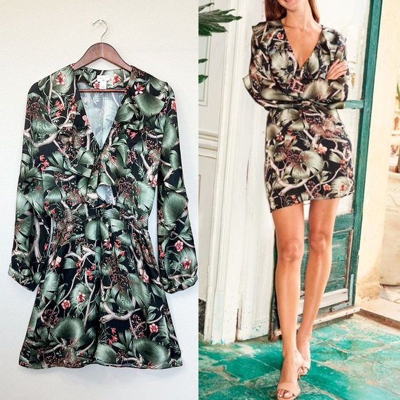 Johanna Ortiz x H&M Patterned Dress with Flounce Mini Ruffle Tropical Silky S - Picture 15 of 16